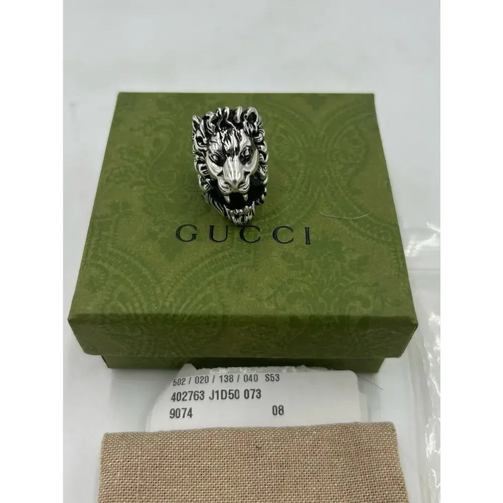 Unisex Gucci Lionhead sterling silver motif ring size 4 black crystal made Italy